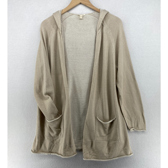 EILEEN FISHER Sweater L Organic Cotton Duster Cardigan Hoodie Open Front Beige - Picture 1 of 11